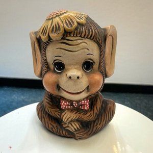 Vtg MCM Kitschy Monkey Figurine Ceramic Brown Flower Bowtie 6.5"